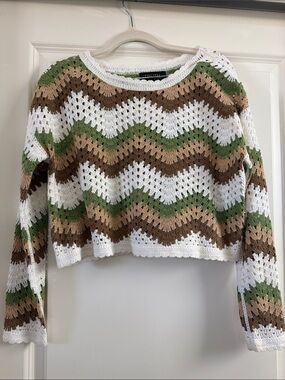 Truth Crochet Scoop-Neck Sweater in White, Green & Brown